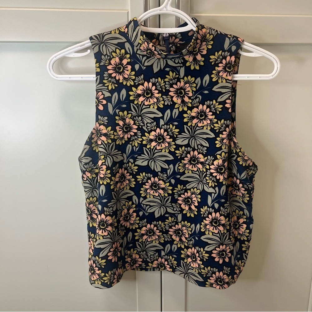 TOPSHOP Floral Sleeveless Mock Turtleneck Top - Blue Peach Yellow | Size 2 (XS)
